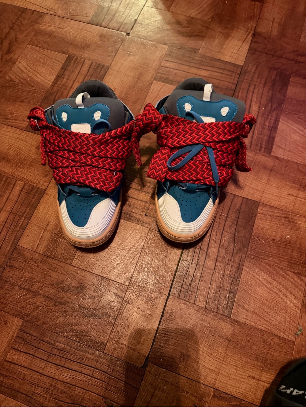 Men Blue and White High-Top Sneakers with Red Laces